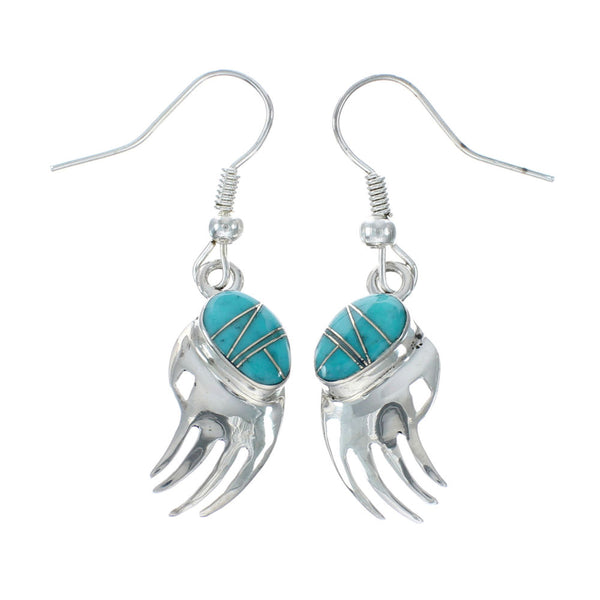 Turquoise Inlay Bear Paw Sterling Silver Hook Dangle Earrings SN20276
